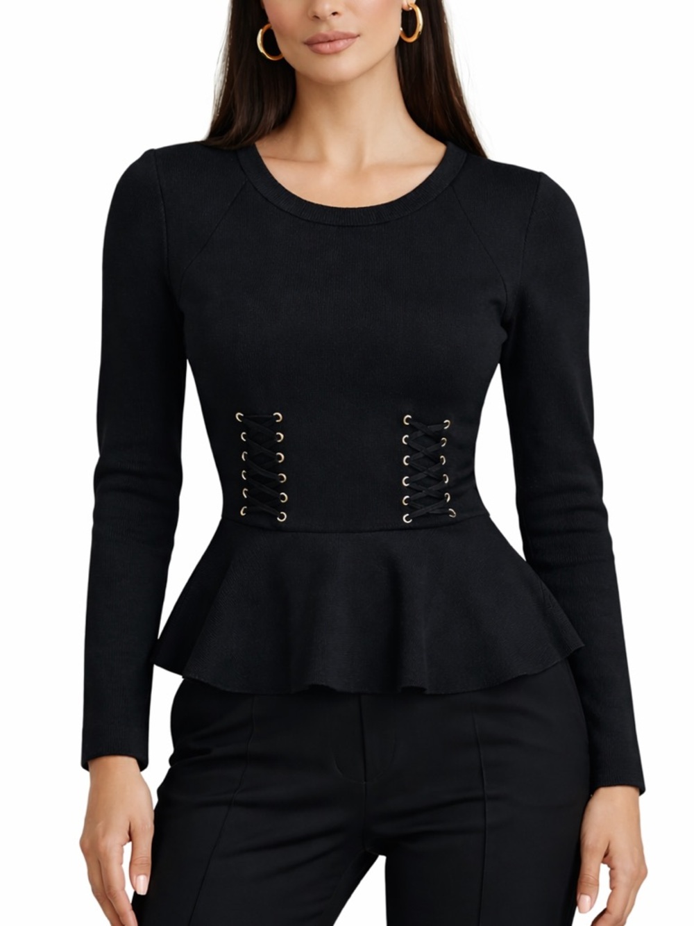Pinko Black Peplum Lace-Up Knit Top | Corset Detail | Size L